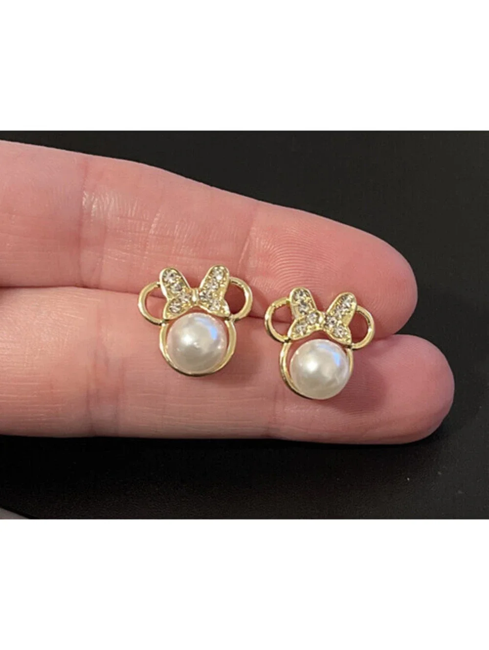 14k Gold ,  Pearl & Crystal Minni Mouse Earrings - Disney - Ships From USA